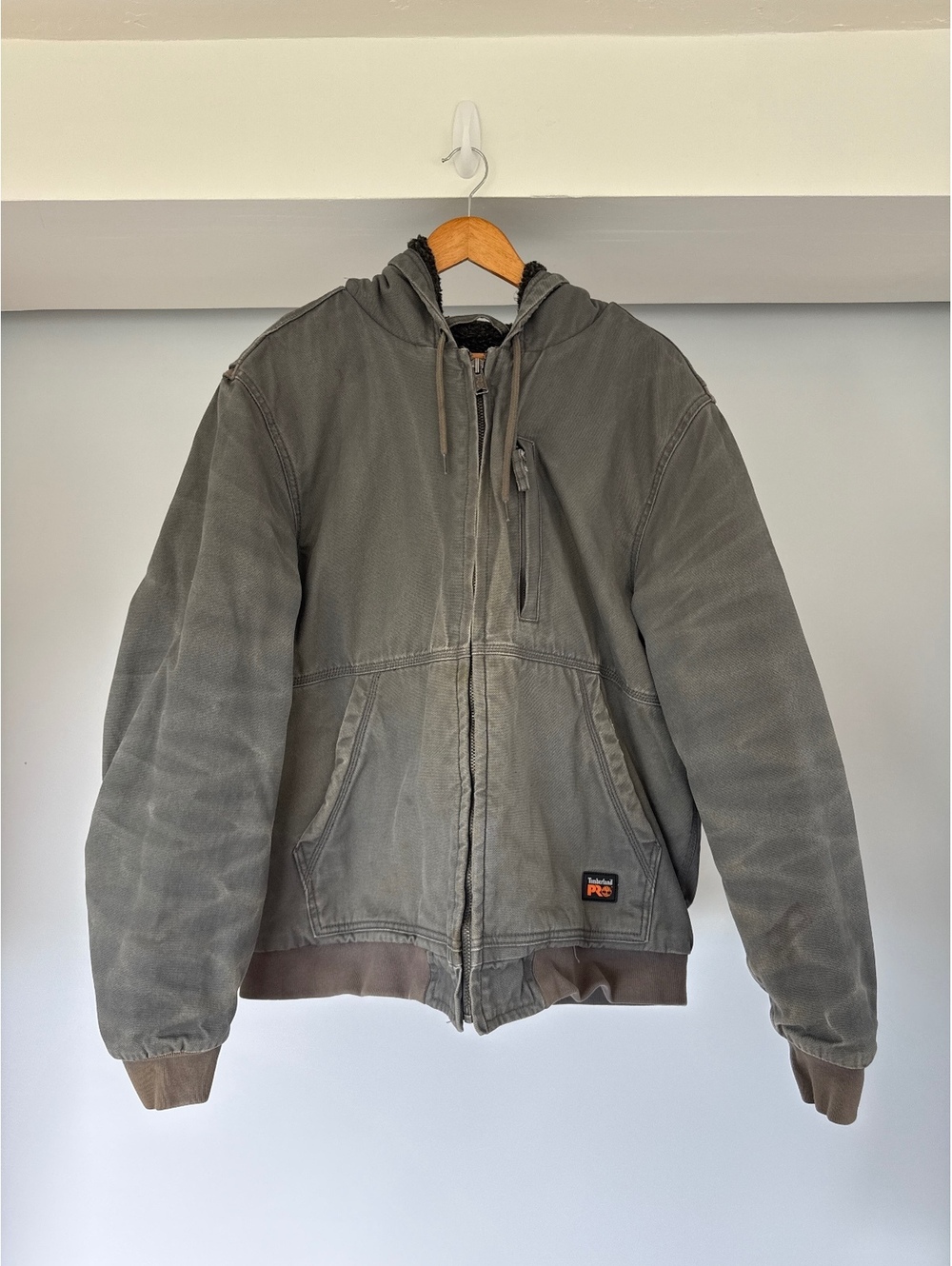 Timberland PRO Hooded Work Jacket XL Gray Sherpa Lined Full Zip Canvas Coat